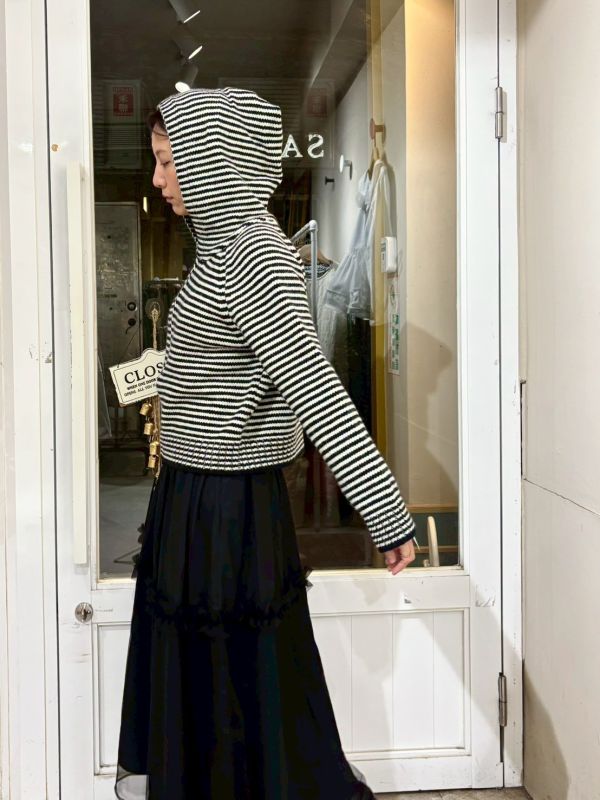 黑白條紋針織拉毛衣鏈連帽外套 