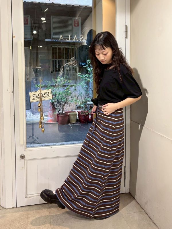 藍咖橫條紋抽繩綁帶修身長裙 