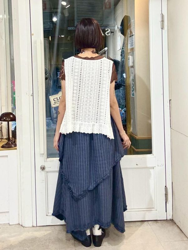 藍色格紋不規則拼接裙 