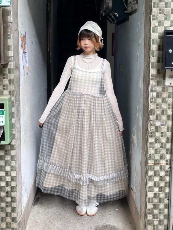 格子雙層紗吊帶背心裙 