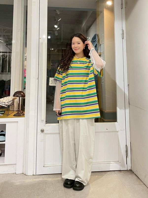 撞色條紋拼接波點假兩件落肩寬鬆上衣 