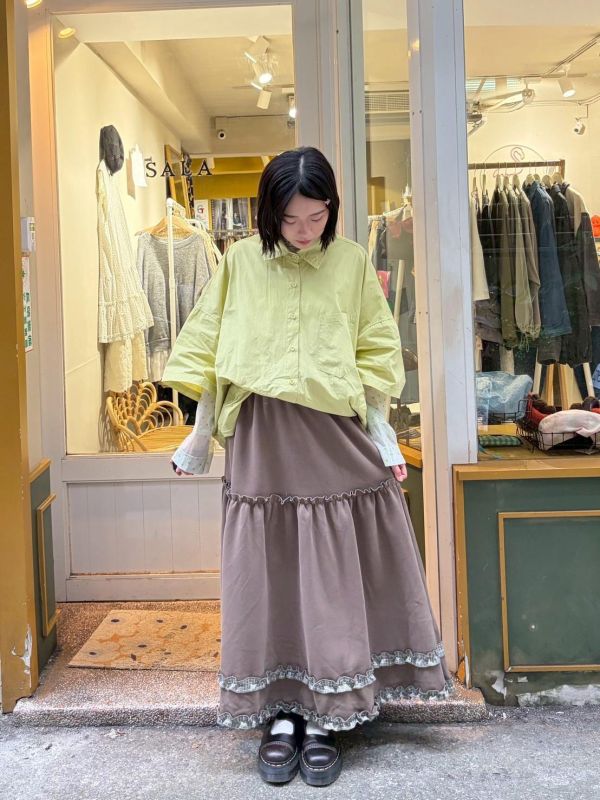 厚布格紋滾邊鬆緊腰長裙 