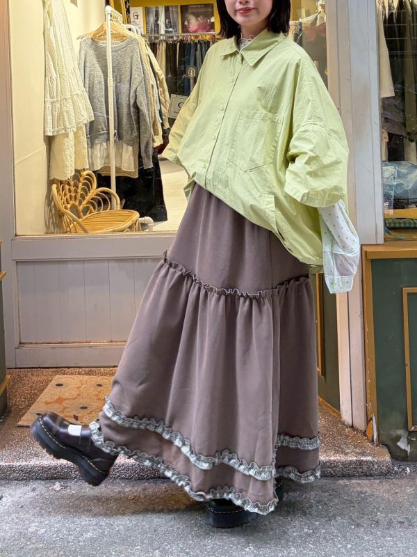 厚布格紋滾邊鬆緊腰長裙 