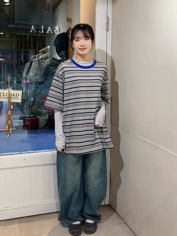 撞色圓領橫條紋寬鬆Tee 