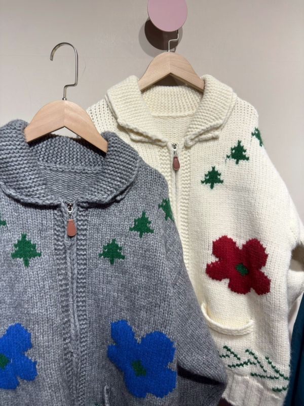 雙拉鏈撞色圖案粗毛線針織外套 