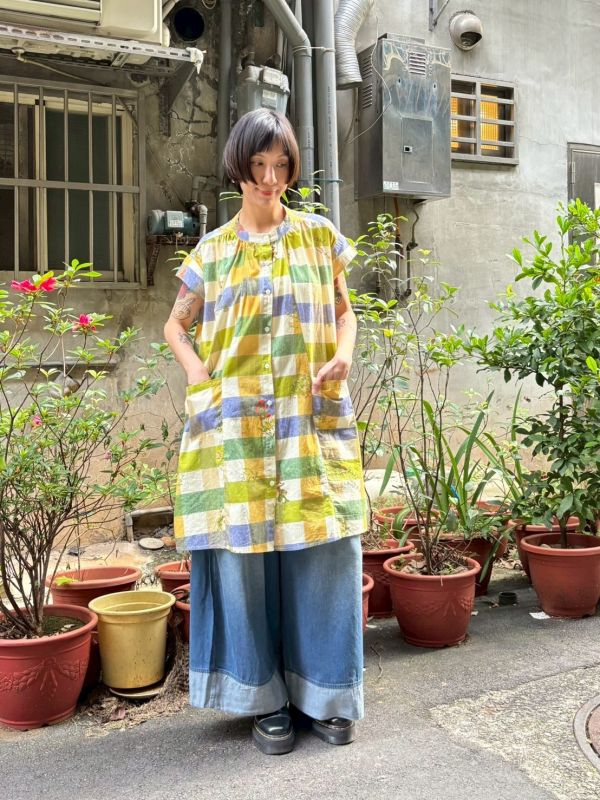 手繪花園黃綠大方格長襯衫 