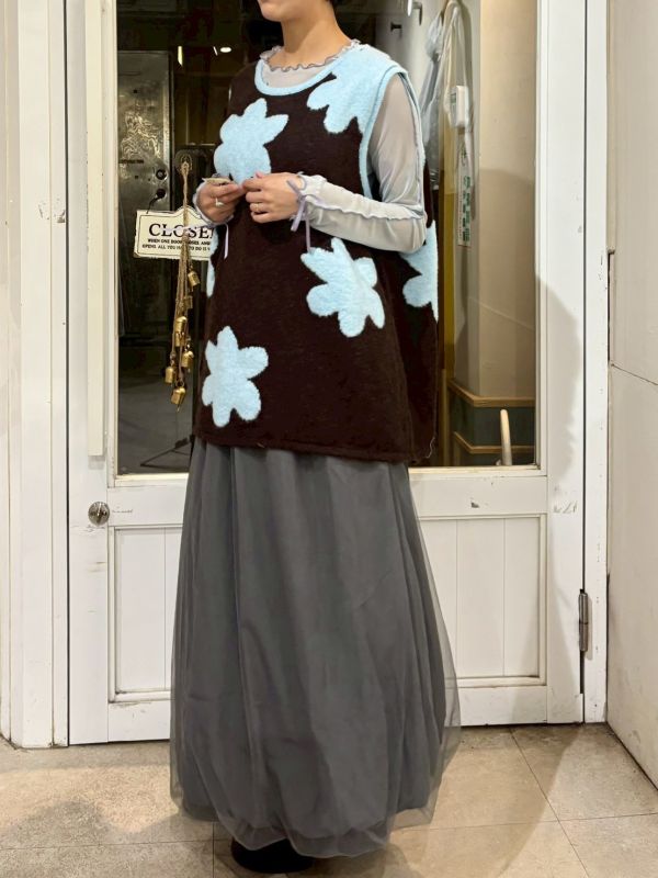 撞色藍花針織背心 