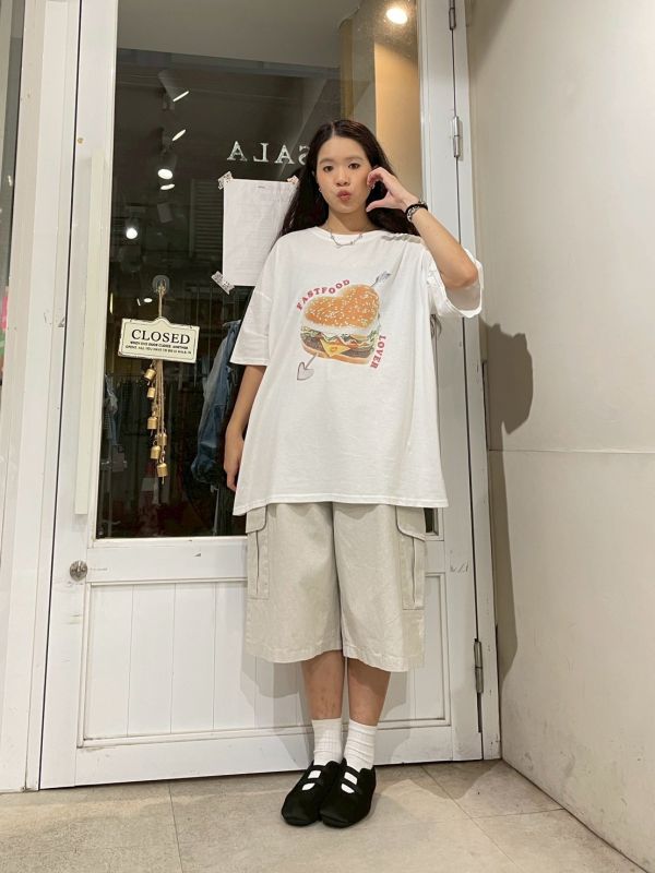 FASTFOOD LOVER印花落肩T 