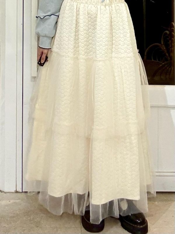 伸縮腰小花布雙層紗蛋糕裙 