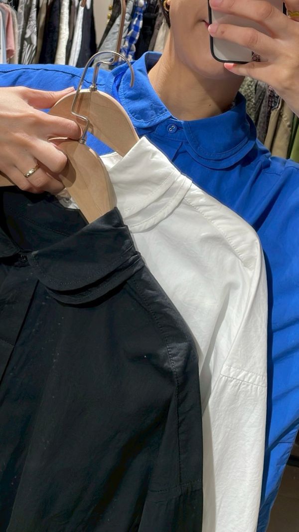 雙層圓翻領隱藏排釦素色襯衫 