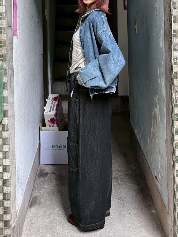 黑色鬆緊腰明線薄牛仔長褲 