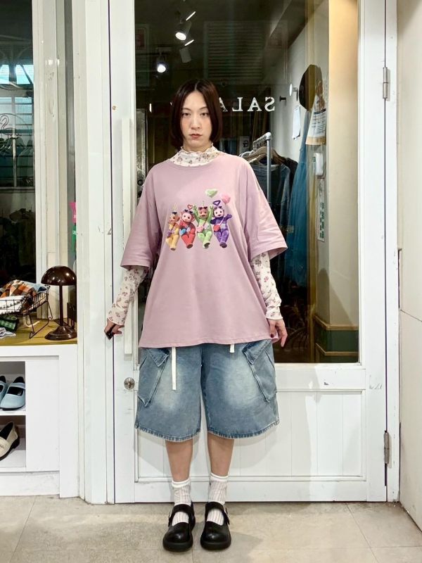 斜翻開立體大口袋白色綁帶五分牛仔寬褲 