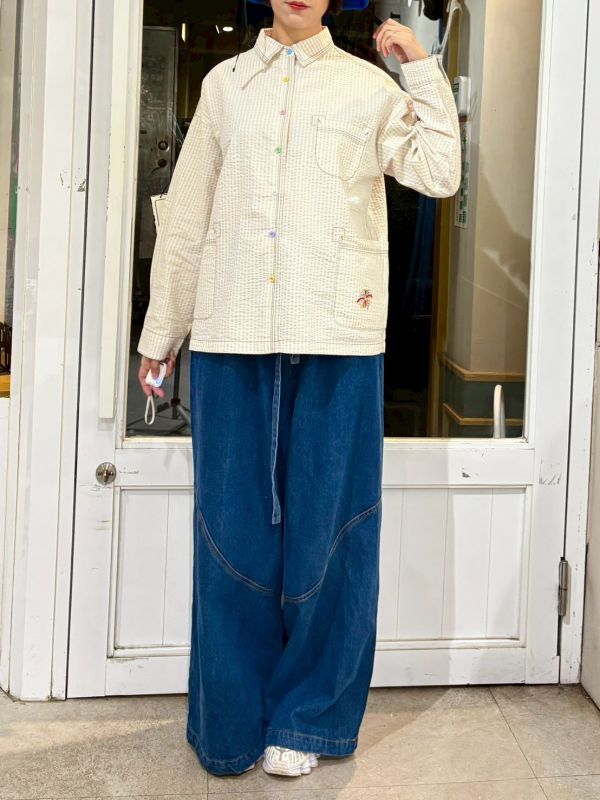 泡泡布彩色花朵鈕釦條紋襯衫 