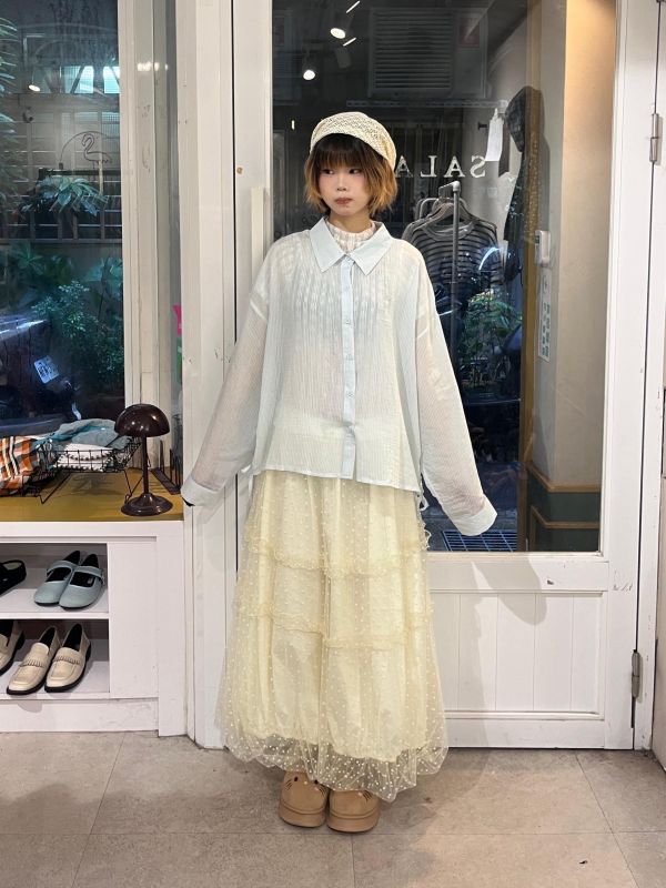 短版條紋細閃透膚長袖襯衫 