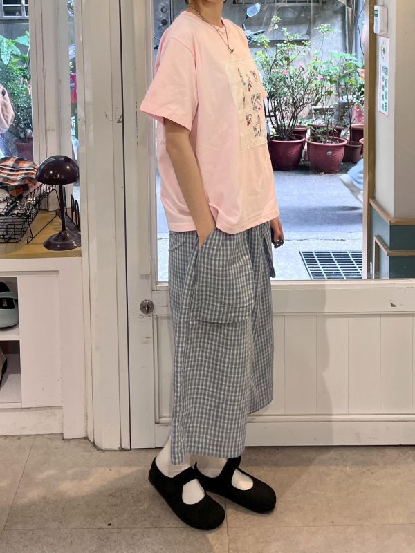泡泡布立體口袋格紋八分褲 