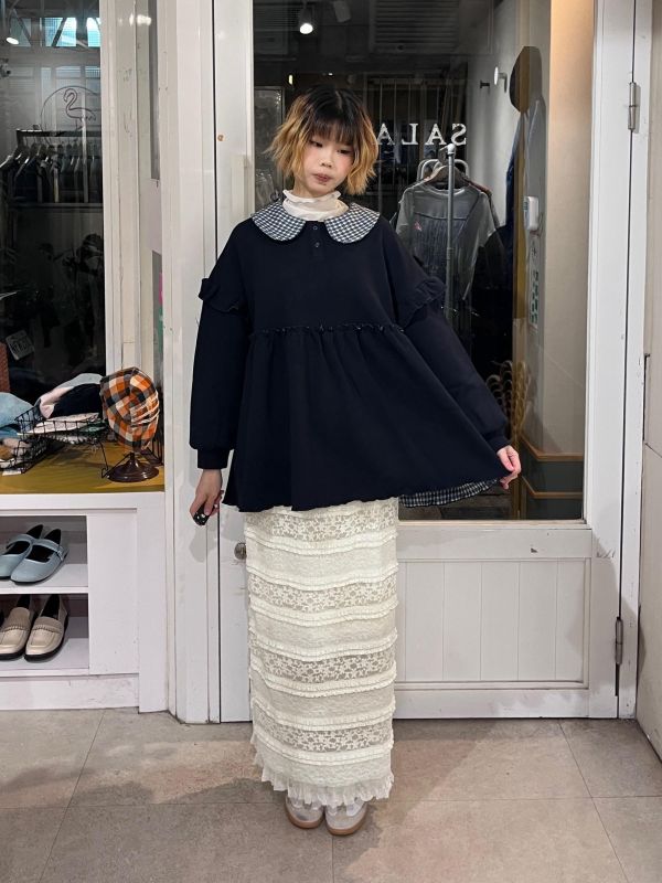 抽繩蕾絲花邊層次彈力長裙 