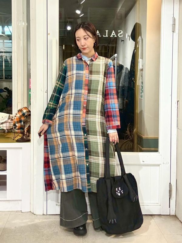 拼接格紋長版襯衫洋裝 