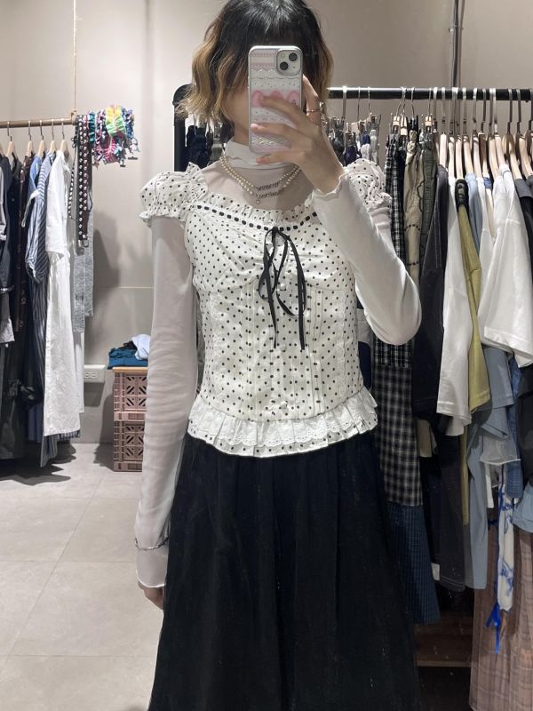 公主袖波點蕾絲綁帶小上衣 