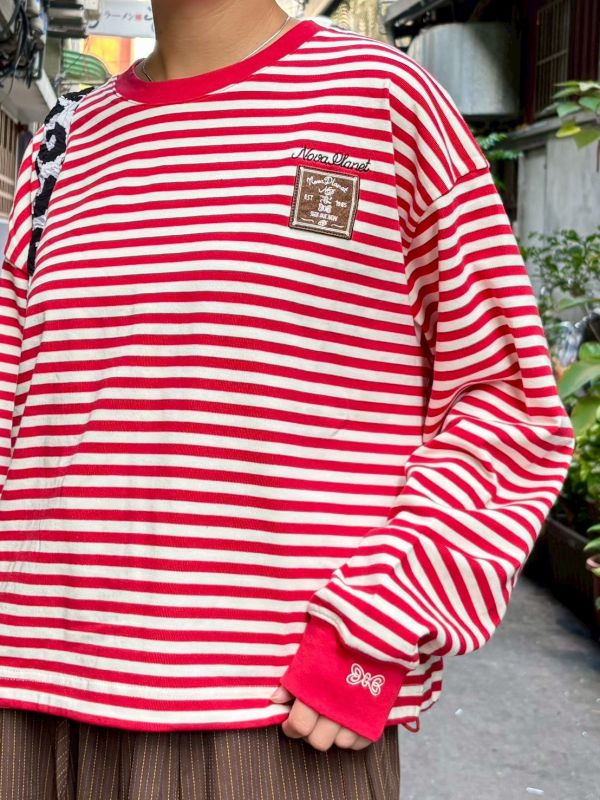 日系條紋刺繡貓袖縮口下擺彈性抽繩短版長袖上衣 