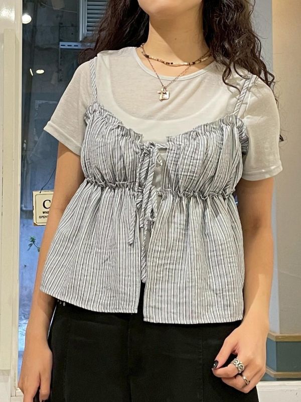 兩件式透膚短袖上衣x可調節細肩抓皺直條紋小背心 