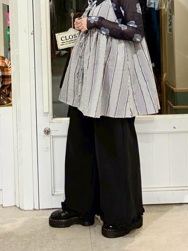 鬆緊腰褲腳木耳滾邊九分寬褲 