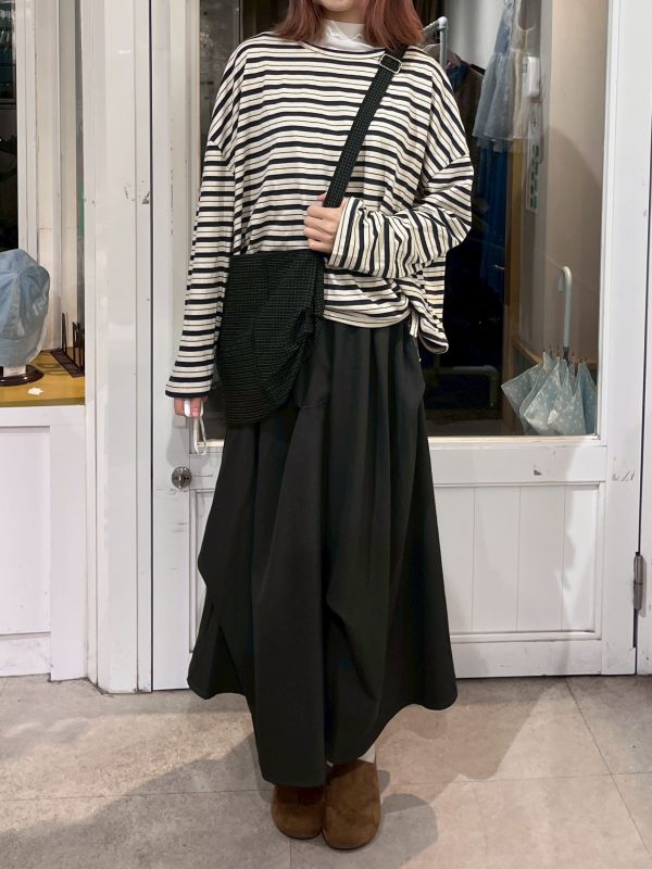 短版條紋下綁帶圓領上衣 