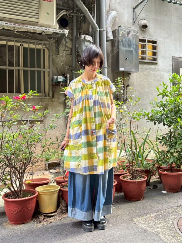 手繪花園黃綠大方格長襯衫 