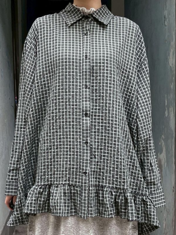 格紋泡泡布下擺花邊長袖襯衫 