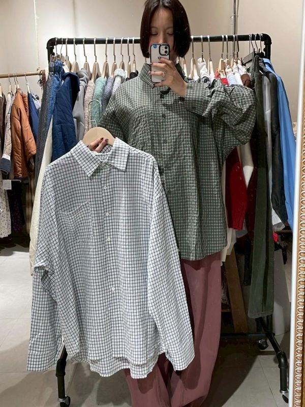 泡泡布前口袋細格紋襯衫 