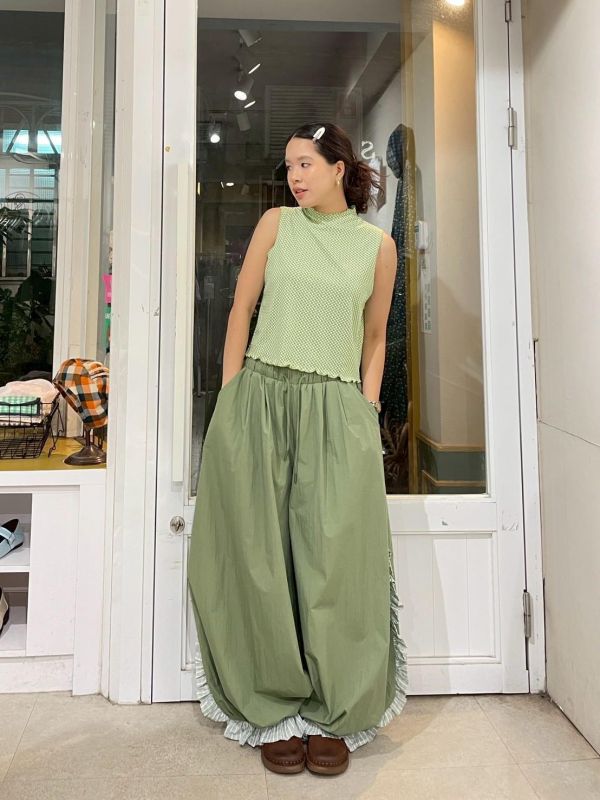 刷刷布格紋荷葉滾邊垂墜鬆緊腰綁帶大寬褲 