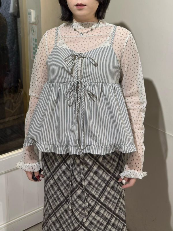 直條紋荷葉下擺綁帶雙面穿吊帶背心 