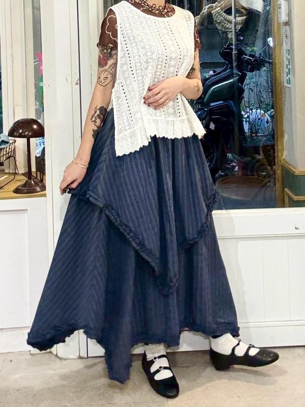 藍色格紋不規則拼接裙 