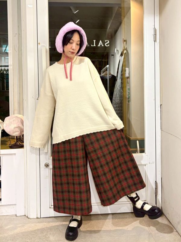 紅棕格紋九分寬褲裙 