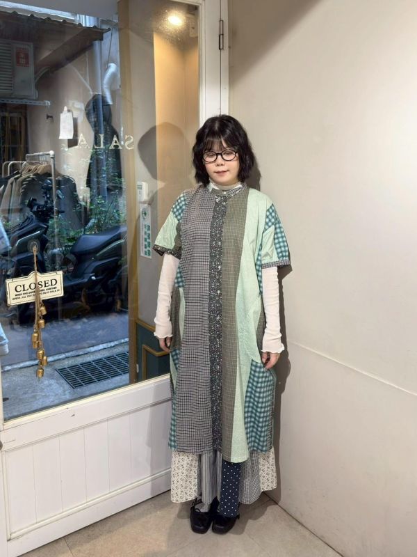 格紋碎花拼接車線口袋襯衫洋裝 