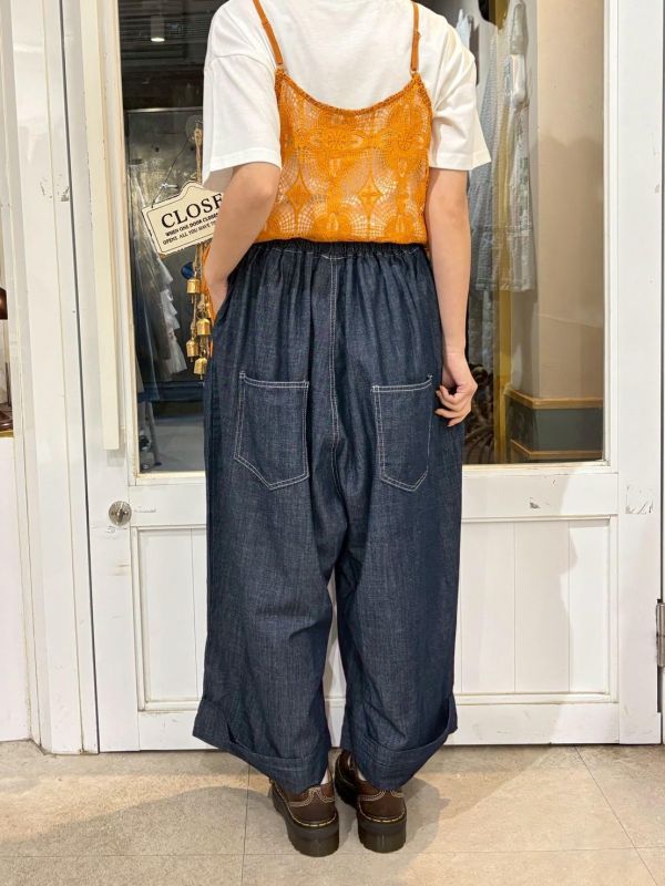 紅色抽繩下擺反折繭型九分牛仔寬褲 