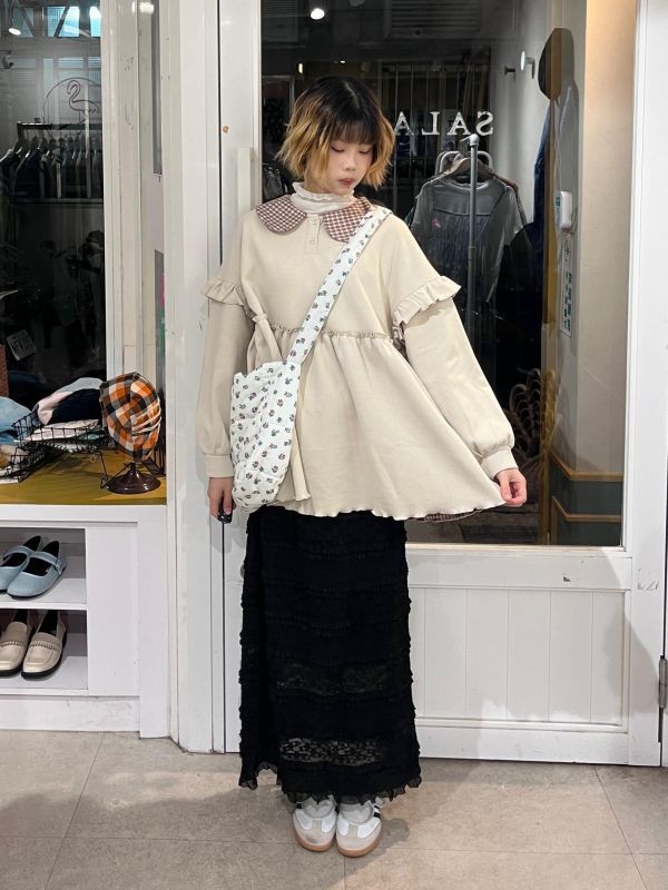 抽繩蕾絲花邊層次彈力長裙 