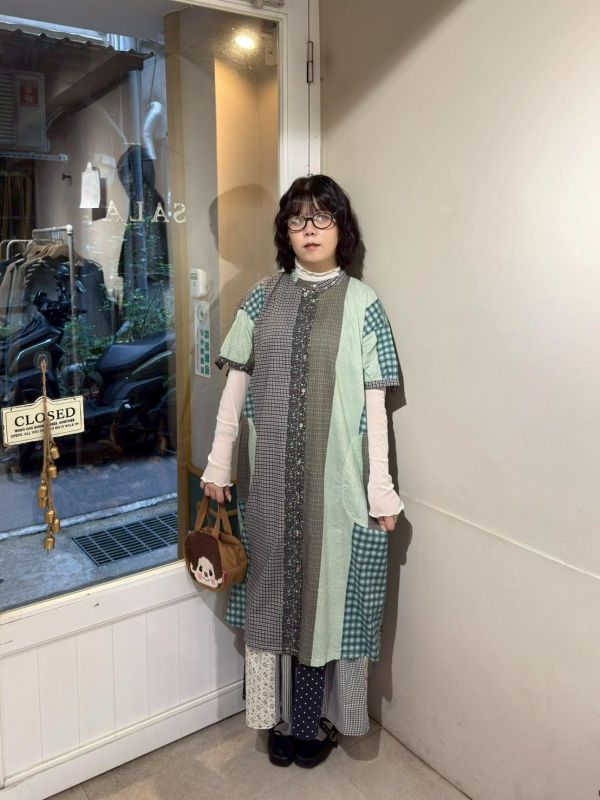 格紋碎花拼接車線口袋襯衫洋裝 
