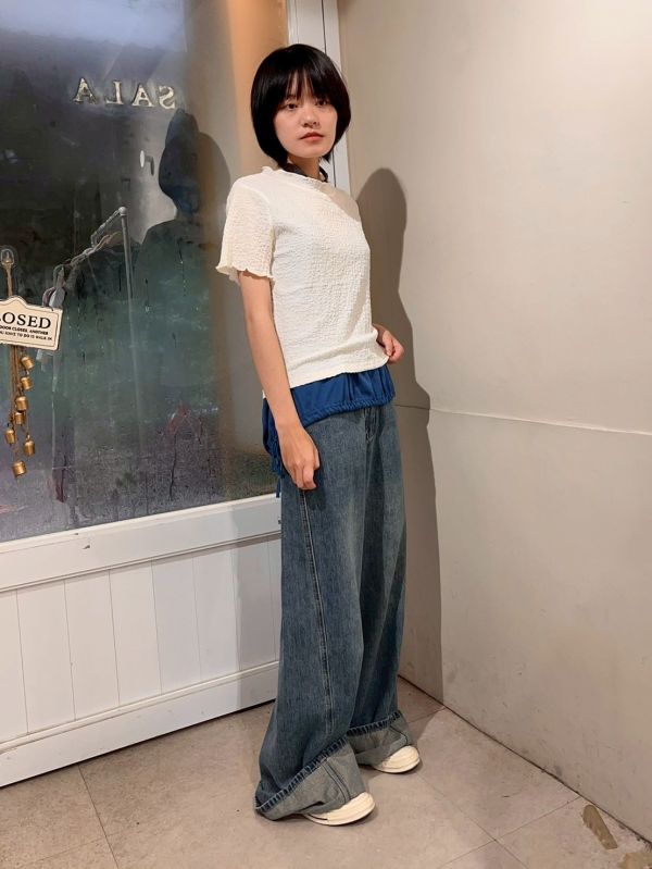 泡泡布木耳滾邊百搭短袖上衣 