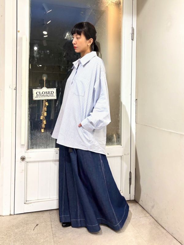 條紋寬大長袖襯衫 