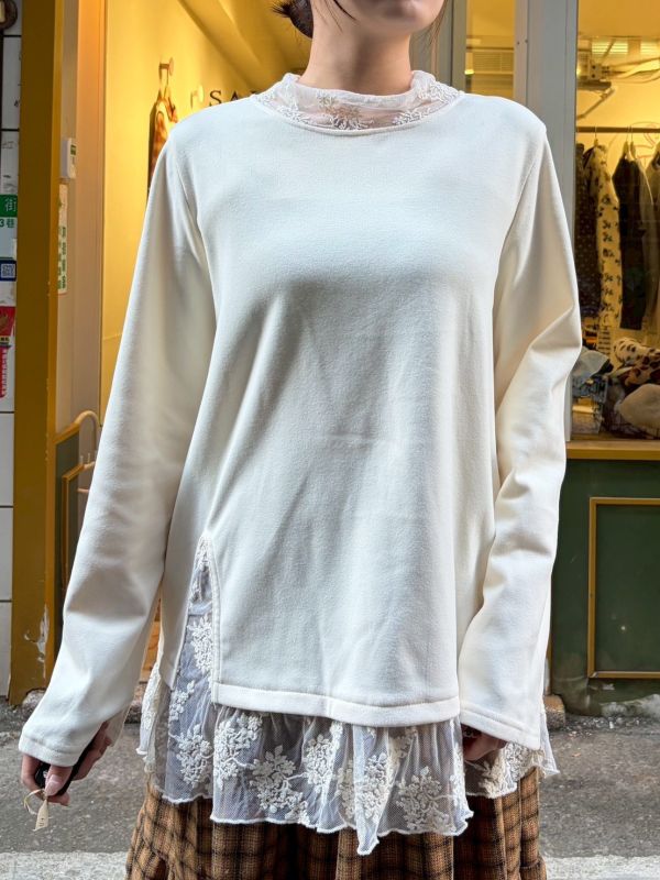 磨毛不規則開衩拼接蕾絲圓領上衣 