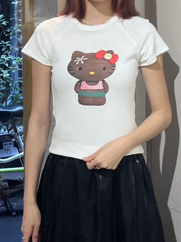 白色夏威夷KITTY正肩貼身短Tee 