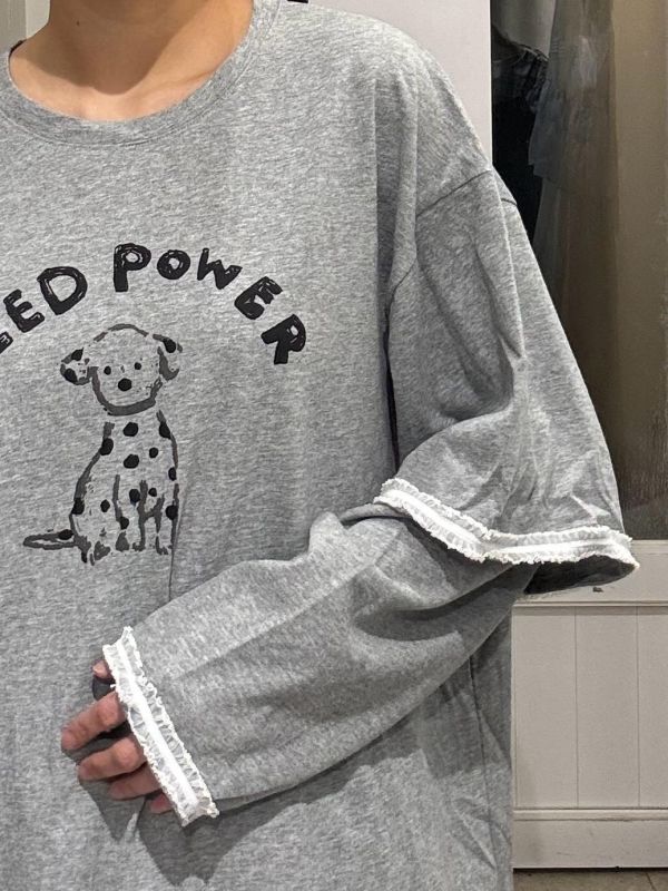 Need power 狗狗假兩件袖口蕾絲滾邊長袖上衣 