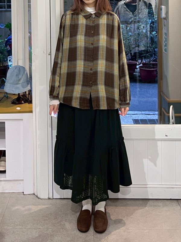 復古格紋棉麻排扣襯衫 