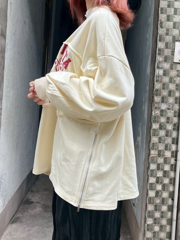 側拉鏈美式印花抽鬚上衣 