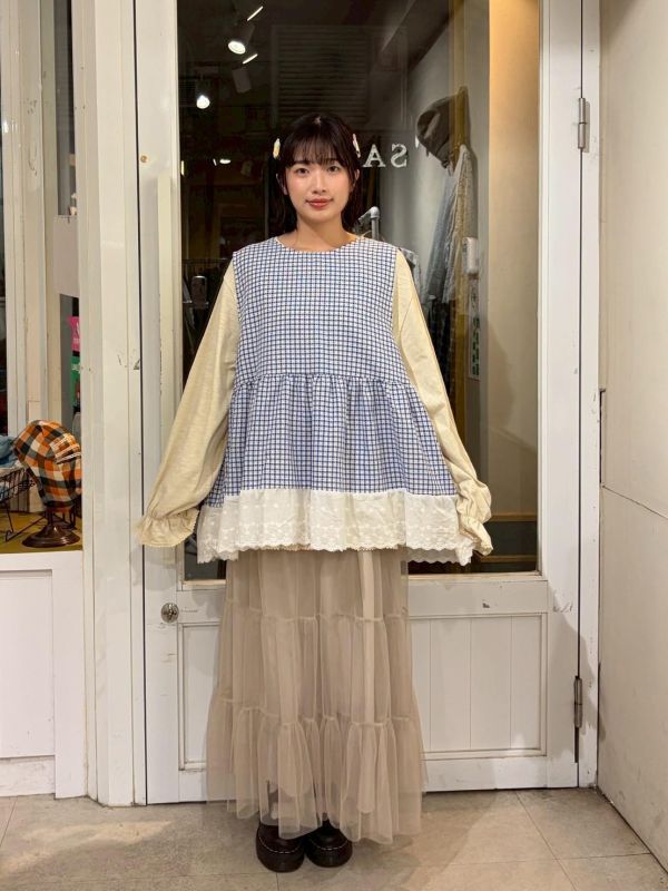 格紋拼接蕾絲下擺背心洋裝 