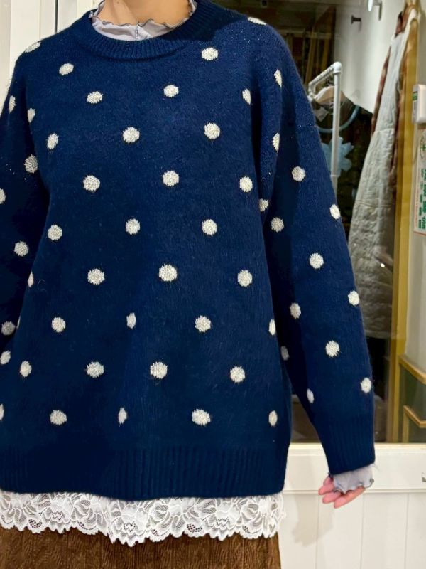 波點下擺拼接蕾絲長版針織毛衣 