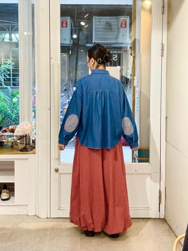 細格子拼接薄款牛仔襯衫 