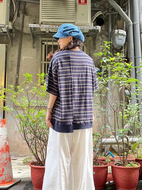 USA COTTON撞色條紋拼接感落肩寬鬆Tee 