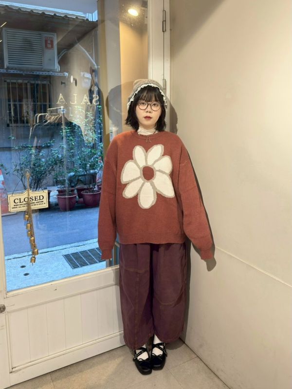大花朵橘紅毛衣 