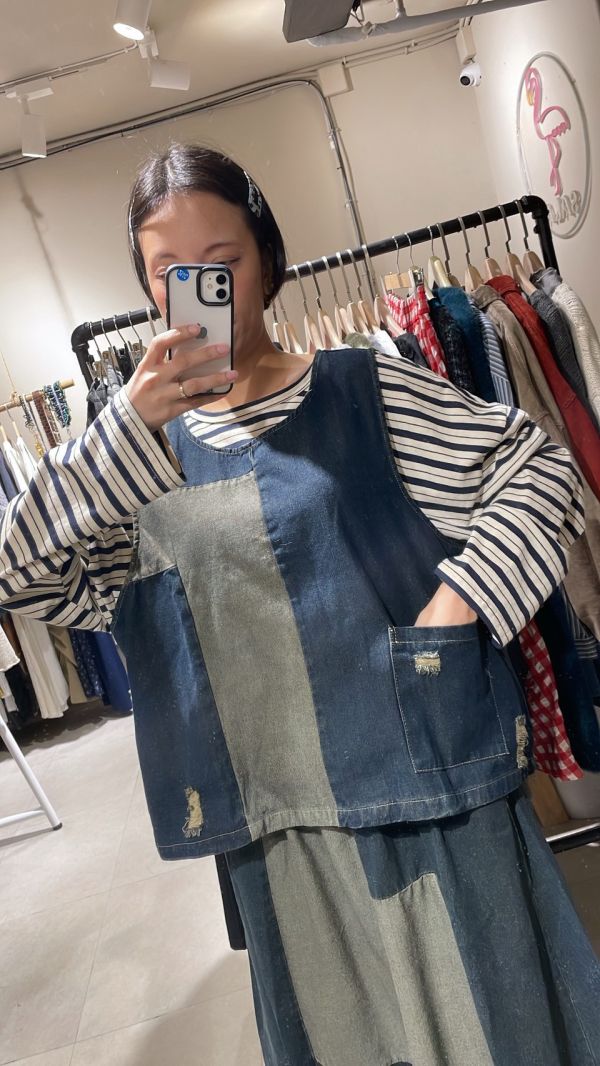 牛仔拼接破壞抽鬚套裝 